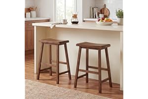 COSTWAY Solid Wood Saddle Stools, 24-inch Height Backless Counter Chairs with Footrests, Mid-Century Modern Wooden Barstools 