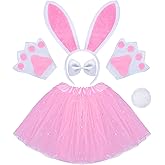 Haakong 5 Pcs Bunny Costume Set Sequin Tutu Skirt Headband Bowtie Bunny Paws and Tail for Halloween Party
