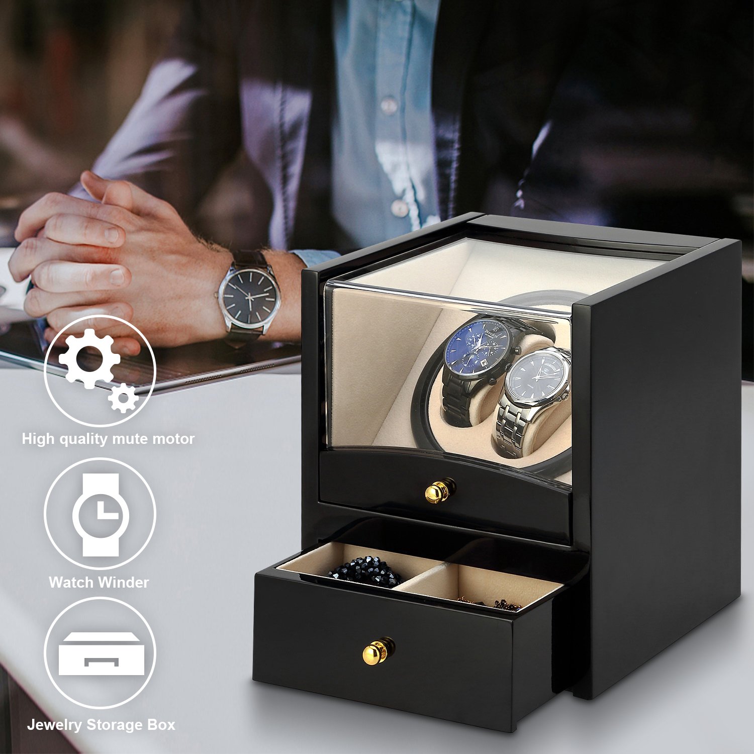 Automatic Watch Winder Box Luxury Wooden for 2 Wrist Watches + 2 Storage Case