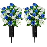 Kukooka Artificial Cemetery Flowers, Set of 2 Grave Memorial Flowers with Vase, Artificial Rose Bouquet for Cemetery Headstones Gravesites Decoration (Dark Blue & White)