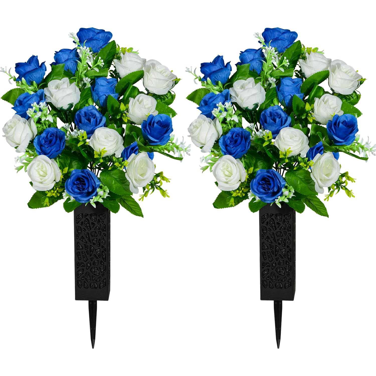 SIFOEL Artificial Cemetery Flowers with Vase, Artificial Rose Bouquet Grave Memorial Flowers for Cemetery Headstones Decoration (Dark Blue&White)