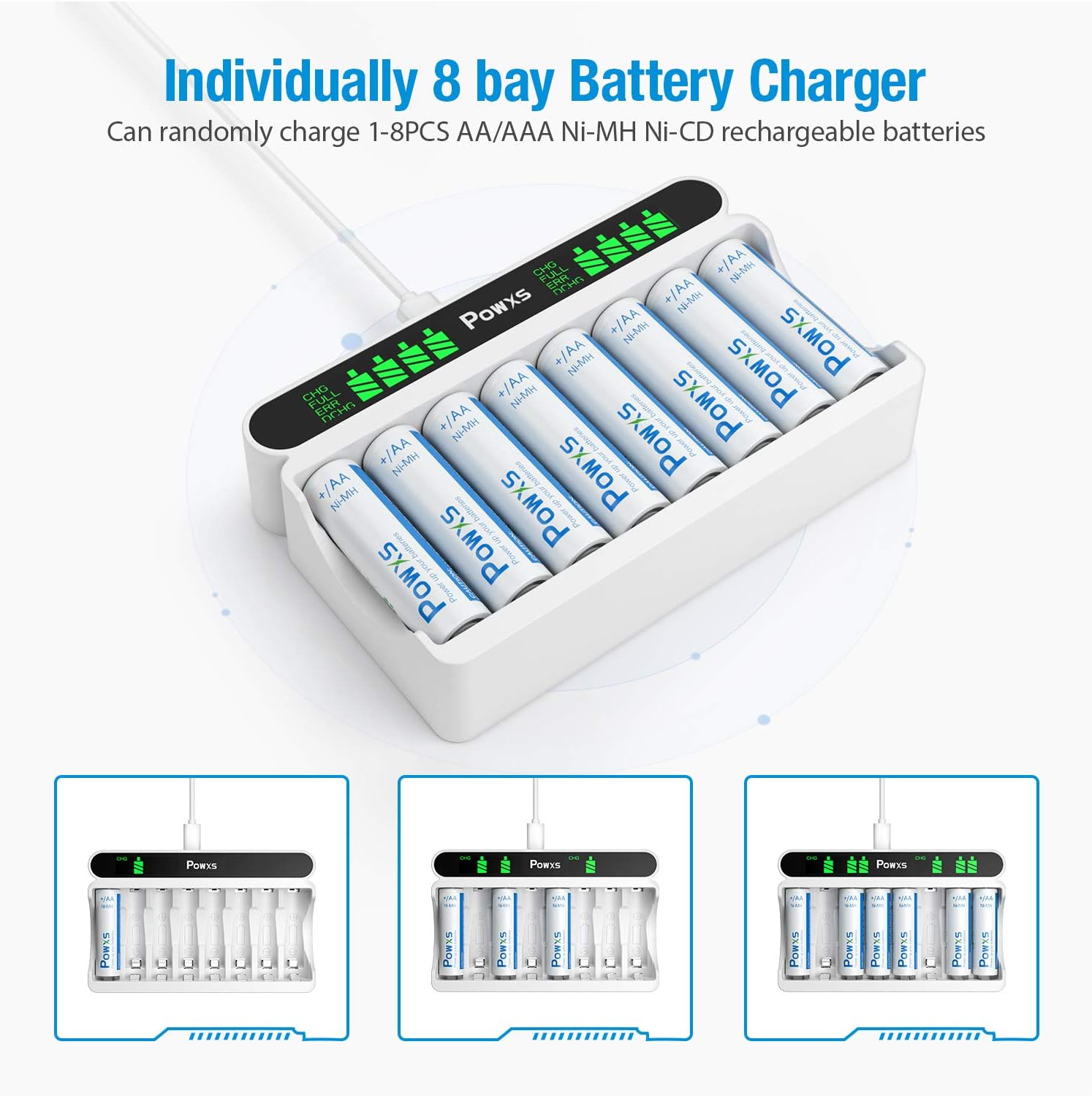 POWXS AA AAA Battery Charger, 8-slot Battery Charger for AA & AAA Ni-MH Ni-CD Rechargeable Batteries - Image 3