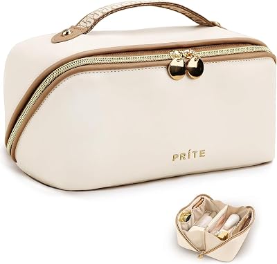 Prite Large Capacity Makeup Bag Portable Travel Cosmetic Bag Waterproof Beige L
