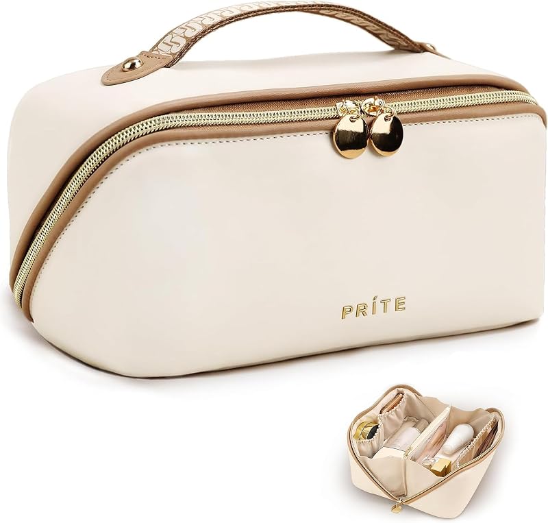 Prite Large Capacity Makeup Bag Portable Travel Cosmetic Bag Waterproof Beige L