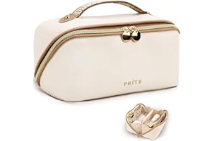 Prite Makeup Bag for Women Travel Waterproof Vegan Leather Cosmetic Bag Open Flat Toiletry Bag with Clear Divider and Handle 