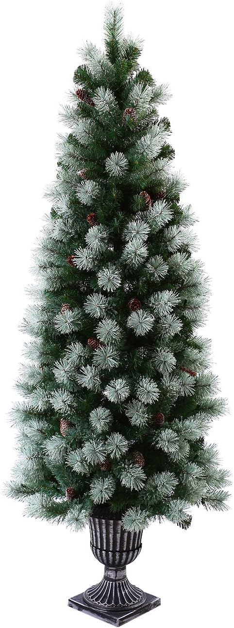 ABUSA Pre Lit Potted Pencil Christmas Tree 6.5 Foot Frosted Pine Needles with 200 LED Lights 428 Branch Tips Faux Slim Xmas Tree