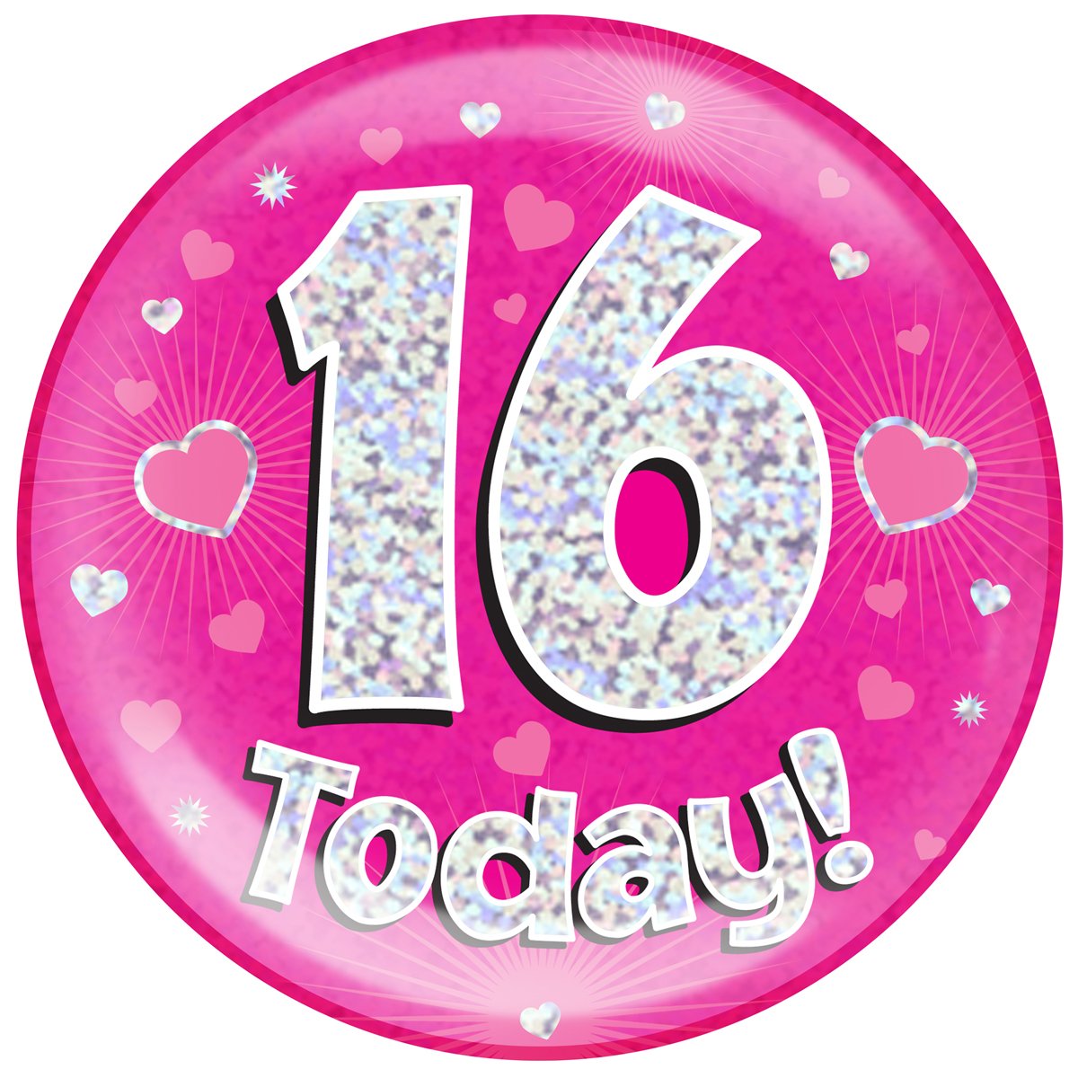 6" Jumbo Badge 16 Today Pink Holographic Dot