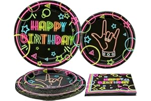 XJLANTTE Glow Neon Party Supplies - Glow in the Dark Happy Birthday Plates and Fluorescent Napkins for Blacklight Neon Party Decorations, Serves 20 Guests (1)