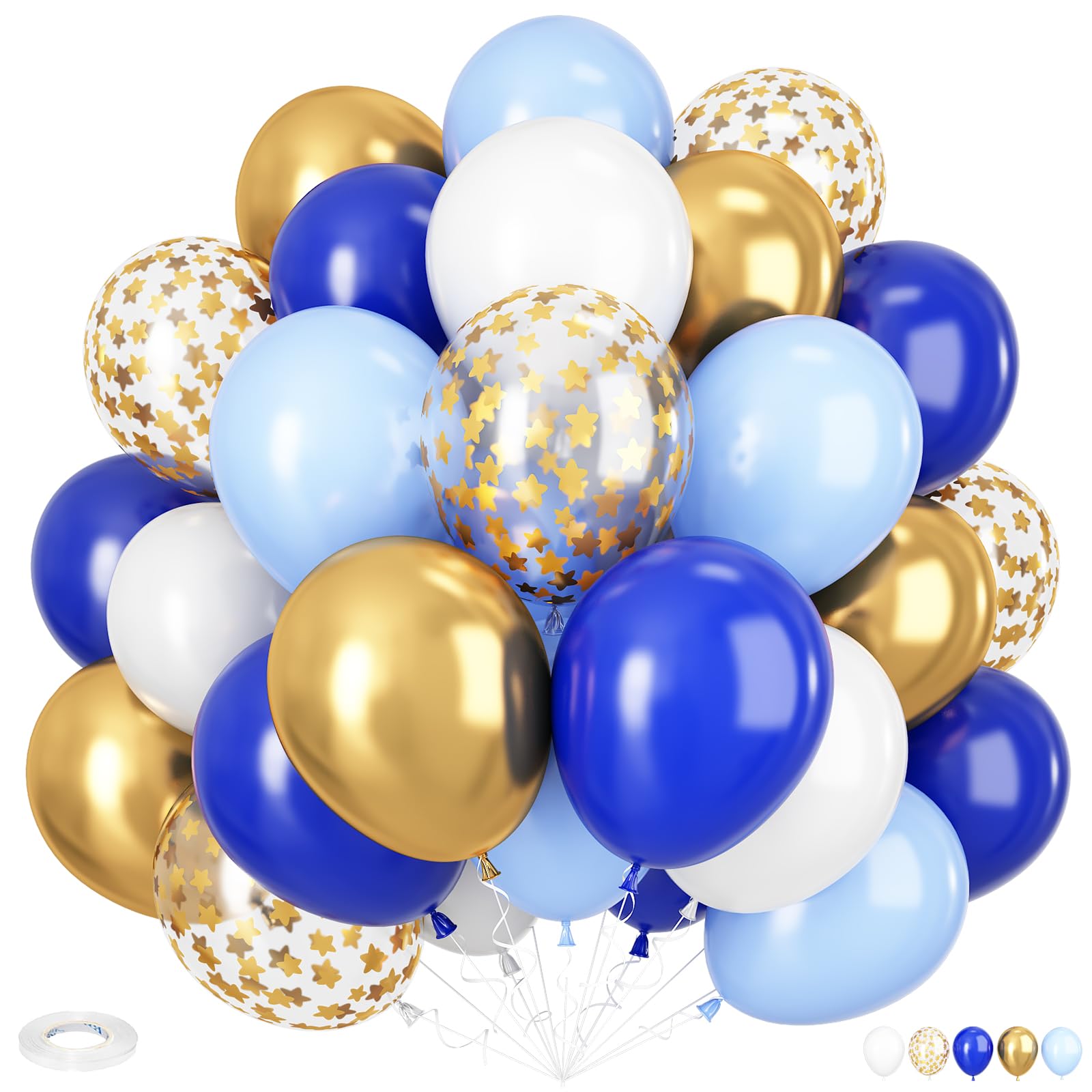 Blue Gold Balloons, 12 Inch Royal Blue and Gold Balloons, Blue and White Gold Balloon Metallic Gold Star Confetti Latex Balloon for Wedding Baby Shower Graduation Anniversary Engagement Decorations