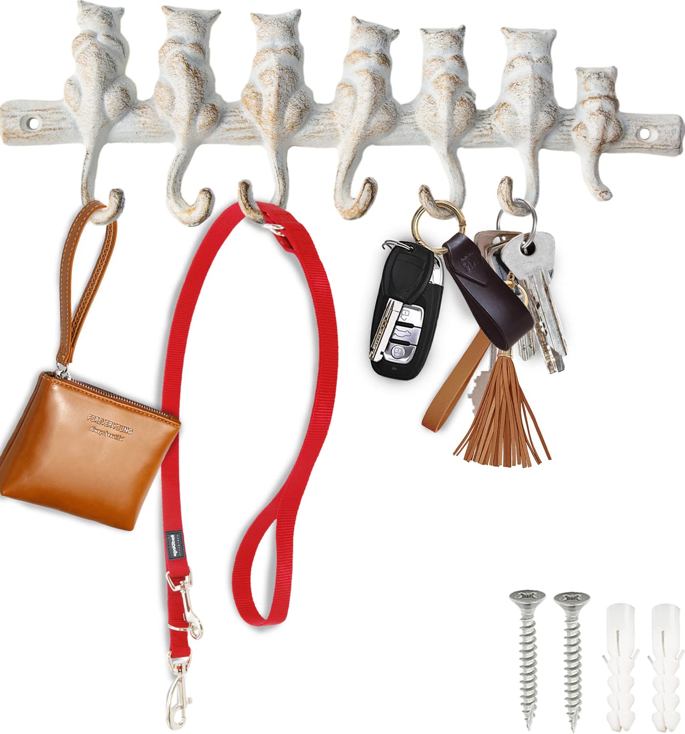 Comfify 7 Cats Cast Iron Wall Hanger - Decorative Cast Iron Wall Hook Rack - Vintage Design Hanger with 4 Hooks - 31.5 x 9.9 cm - White