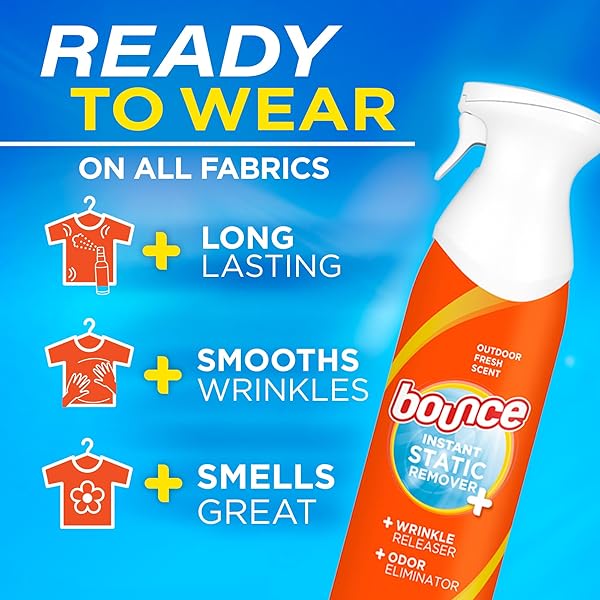 BOUNCE ANTI STATIC SPRAY, 3 IN 1 INSTANT ANTI STATIC SPRAY & INSTANT WRINKLE RELEASE, ODOR ELIMINATOR AND FABRIC REFRESHER SPRAY (9.7 FL OZ, PACK OF 1)