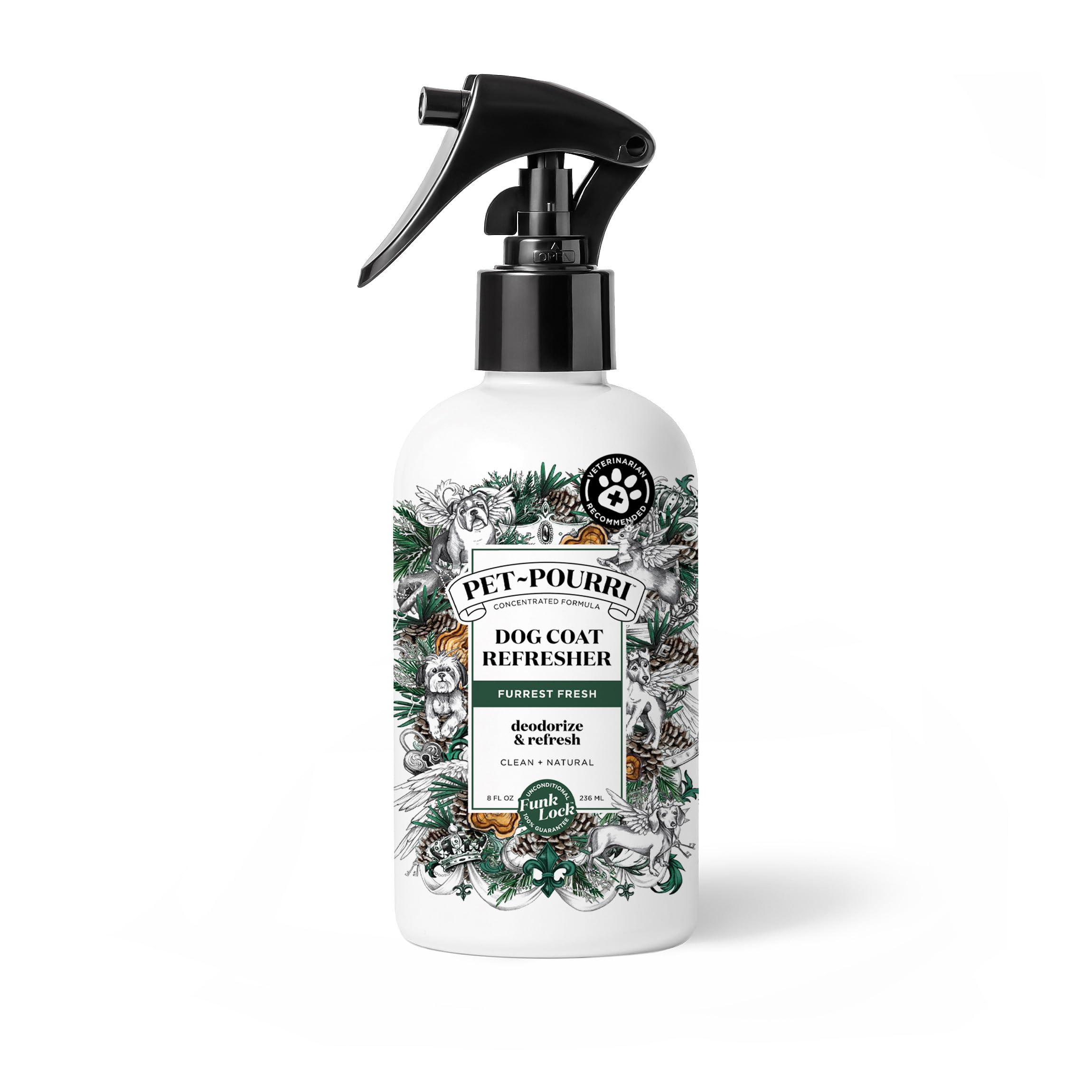 Photo 1 of Poo-Pourri Furrest Fresh Dog Deodorizing Spray, 8 Fl Oz Grooming Perfume for Dog Coat, Pet Odor Neutralizer with Essential Oils, Vet Recommended, Paraben & Sulfate-Free Fir, Amber, & Cedarwood Scent