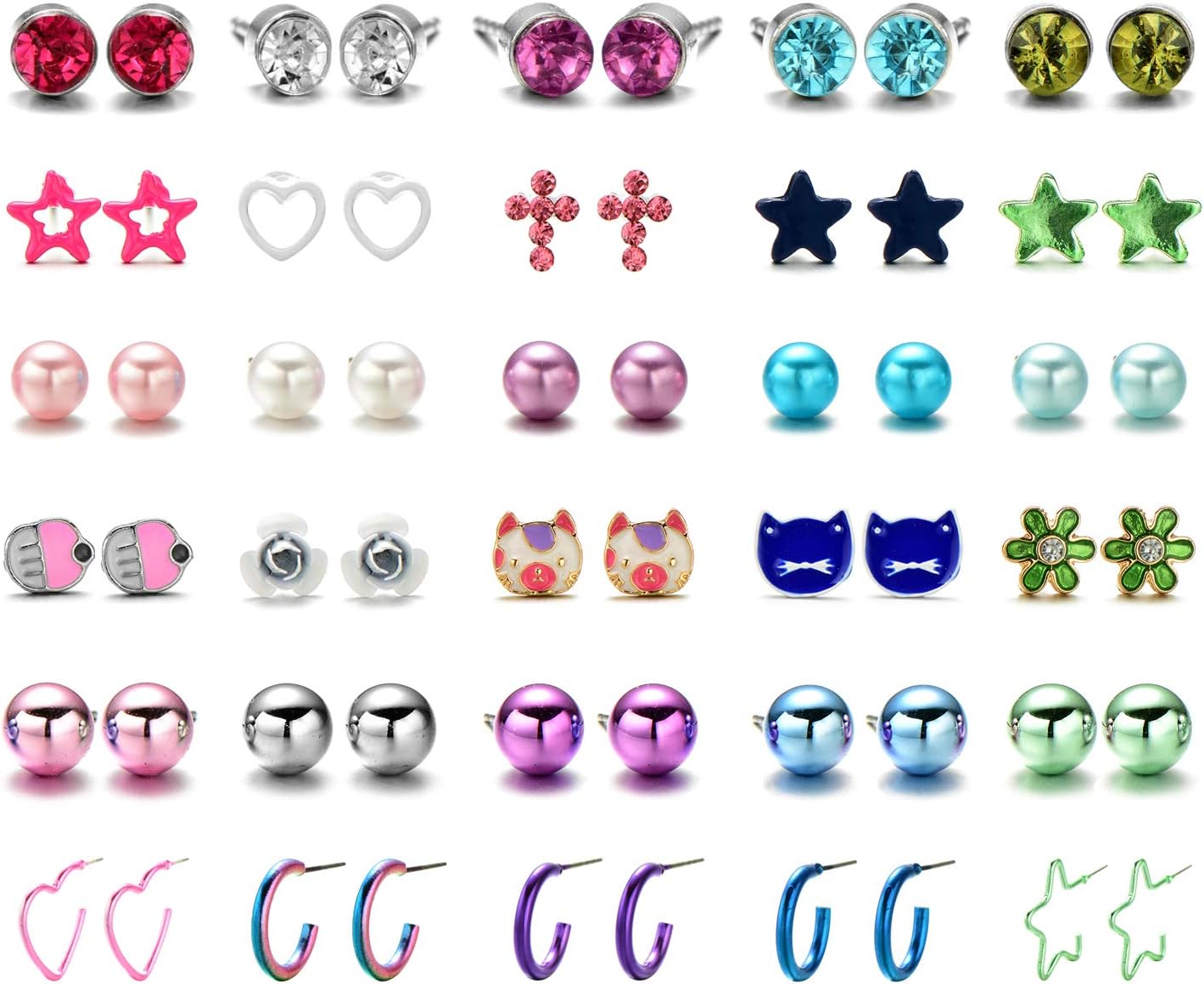 Multi Pack Stainless Steel Assorted Colour Cute Animals Flower Disc Ball Star Love Heart Cat Girls Stud Earrings Sets For Kids，Hypoallergenic