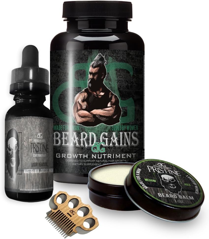 BEARD GAINS Biotin Supplement Multi-Vitamin Pills Growth Bundle Kit W/Pristine Scented Oil, Medium Butter Hold Balm Leave-in-Conditioner & Wooden Beard Mustache Comb | Made in USA