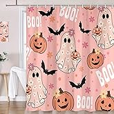 Xiaoput Pink Halloween Shower Curtain, Cute Ghost Pumpkin Black Bat Boo Shower Curtains for Bathroom Decor, Funny Cartoon Spooky Halloween Fabric Bath Curtain Set with Hooks, 70X72IN