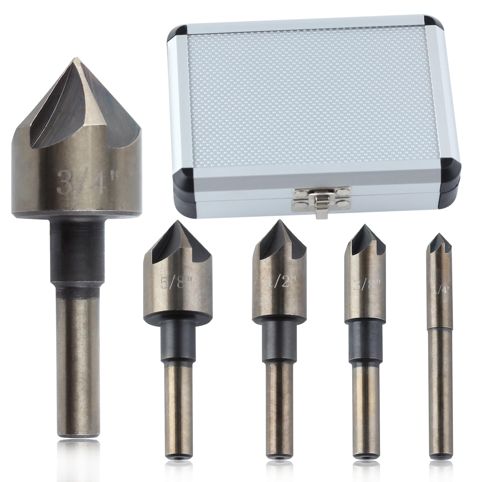 GOLD DEER 5PCS Countersink Drill Bit Set 82 Degree 5 Flute with Storage Case High Speed Steel Countersink Bits M35 Cobalt Countersunk Bits for Drilling in Metals Wood Fiberglass Plastic