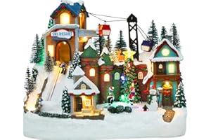 DREAM GARDEN Christmas Village House, Animated Ski Resort with Rotating Skating Rink Musical Christmas Collectible Buildings 