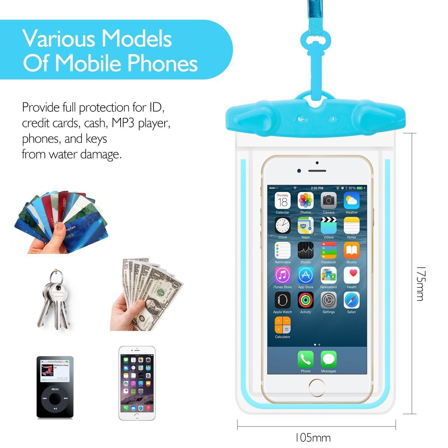 FIRSTBUY waterproof case Universal Waterproof Phone Pouch IPX8 phone Case Clear Sensitive PVC Screen Dry Bag for iPhone X/8/8PLUS/7/7PLUS/6S Samsung Galaxy S9/S8/S7 HTC10 Google Sony Nokia (2 pack)