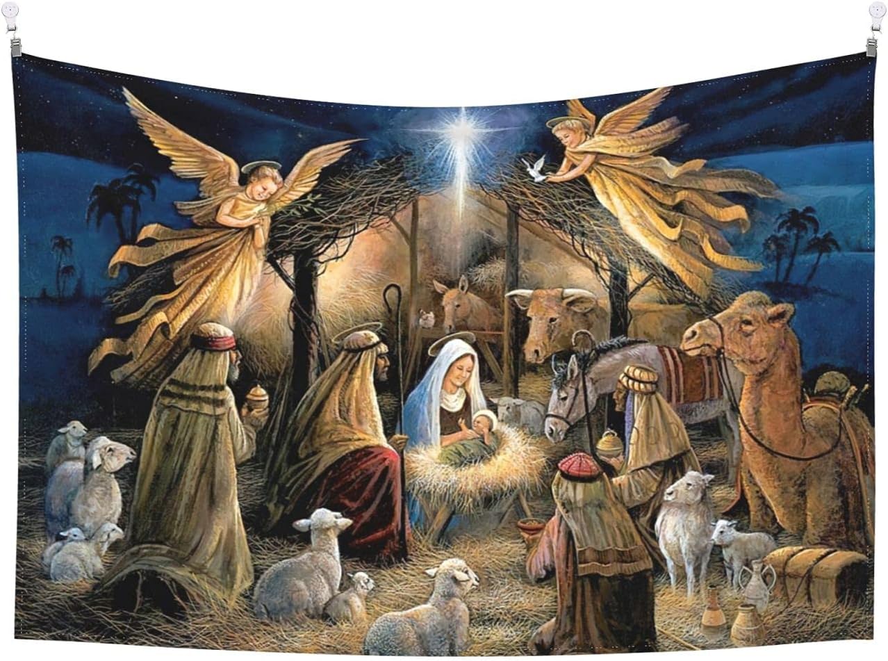 Tapestries - fosgzif Nativity Throw Tapestry, Christmas Angel Wall Art Room Decor 60x40 Inches, Soft and Skin-friendly Tapestry, For Bedroom Wall Decor Carpet Bed Sheets Beach Picnic Blankets