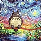 Print Starry Night artwork van Gogh Never Met His Neighbor Totoro Art by Aja 8x8, 10x10, 12x12, 20x20, 24x24 inch sizes