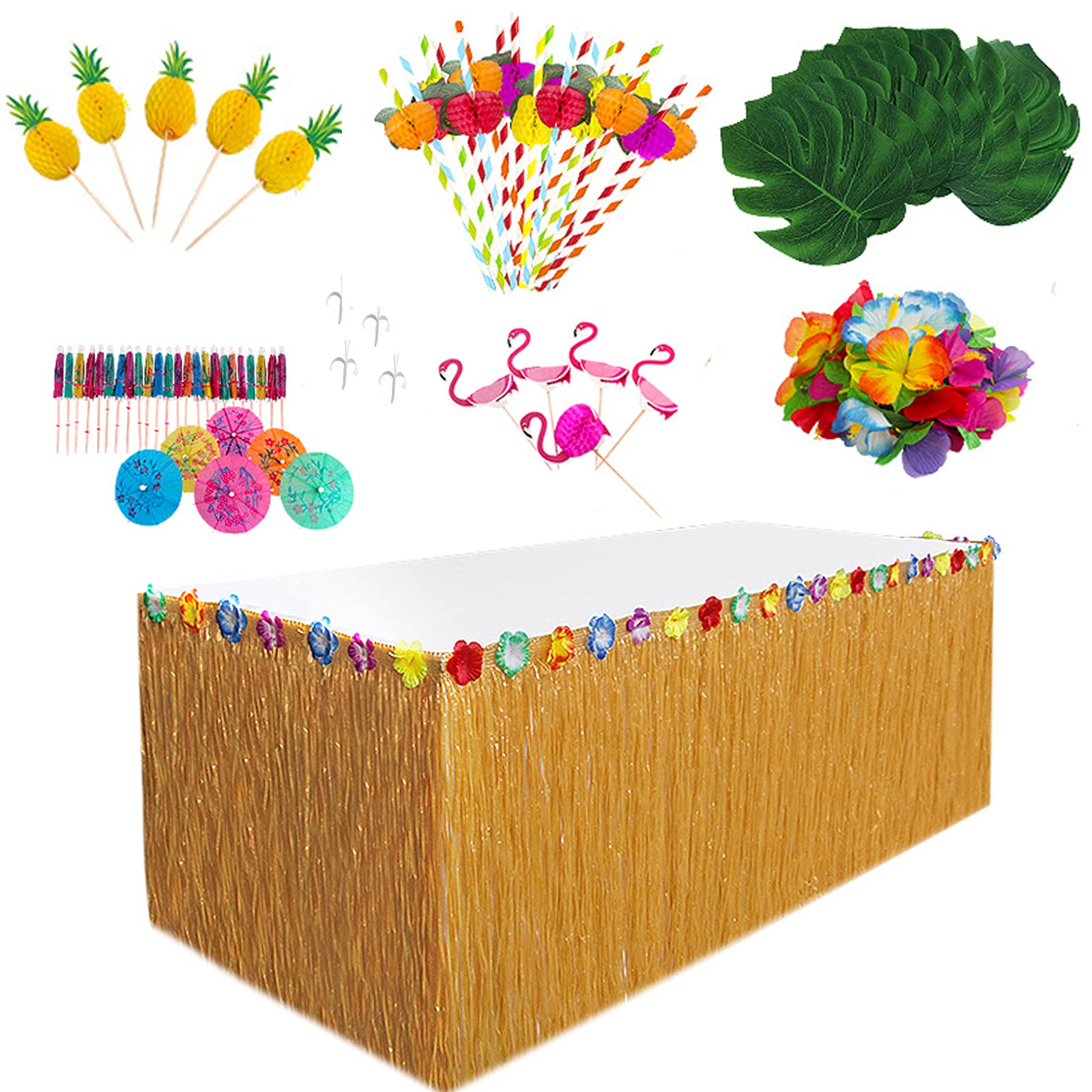 HBell 87pcs Hawaiian Grass Table Skirt Set for Tropical Party Decoration,Palm Leaves Hawaiian Flower Garland Colored Umbrellas Paper Pineapples 3D Fruit Straws,for Summer Beach Tiki Party Garden BBQ