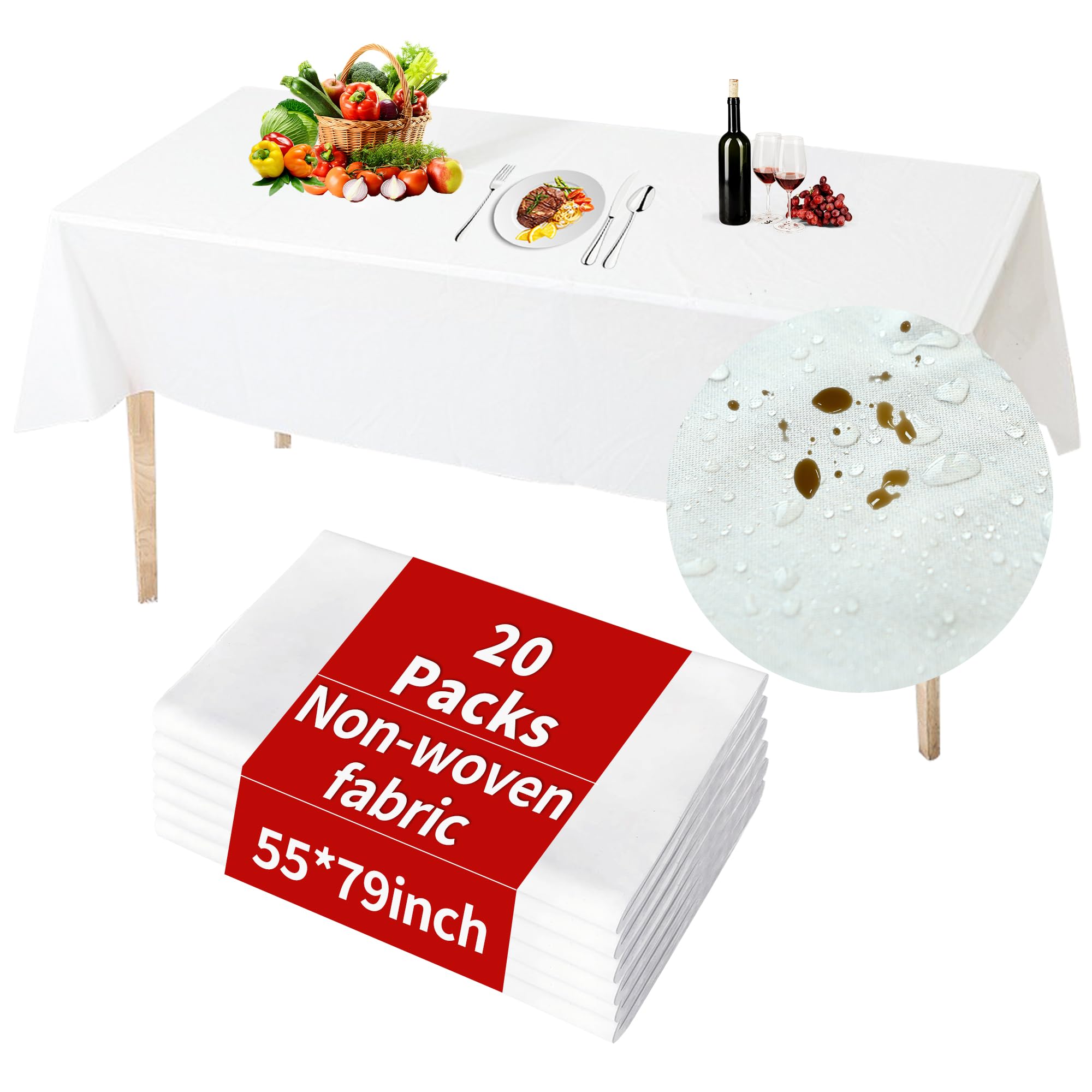 Photo 1 of pmybupo 20 Packs White Tablecloth Rectangle,Disposable Tablecloths Waterproof Wrinkle Stain Resistant Easy to Clean,55x79 Inches Tablecloth for Party,Wedding,Banquets,Picnics,Camping and Outdoor Use