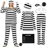 Eurzom 6 Pcs Prisoner Costume Women Striped Jail Adult Inmate Men Convict Costume for Halloween Party