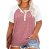 VISLILY Women's Plus Size Tops Raglan Henley Shirts Buttons Up Tunics Color Block Tee