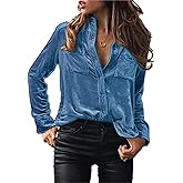 Chvity Velvet Tops for Women Vintage Long Sleeve Button Down Shirts Blouse for Pocket