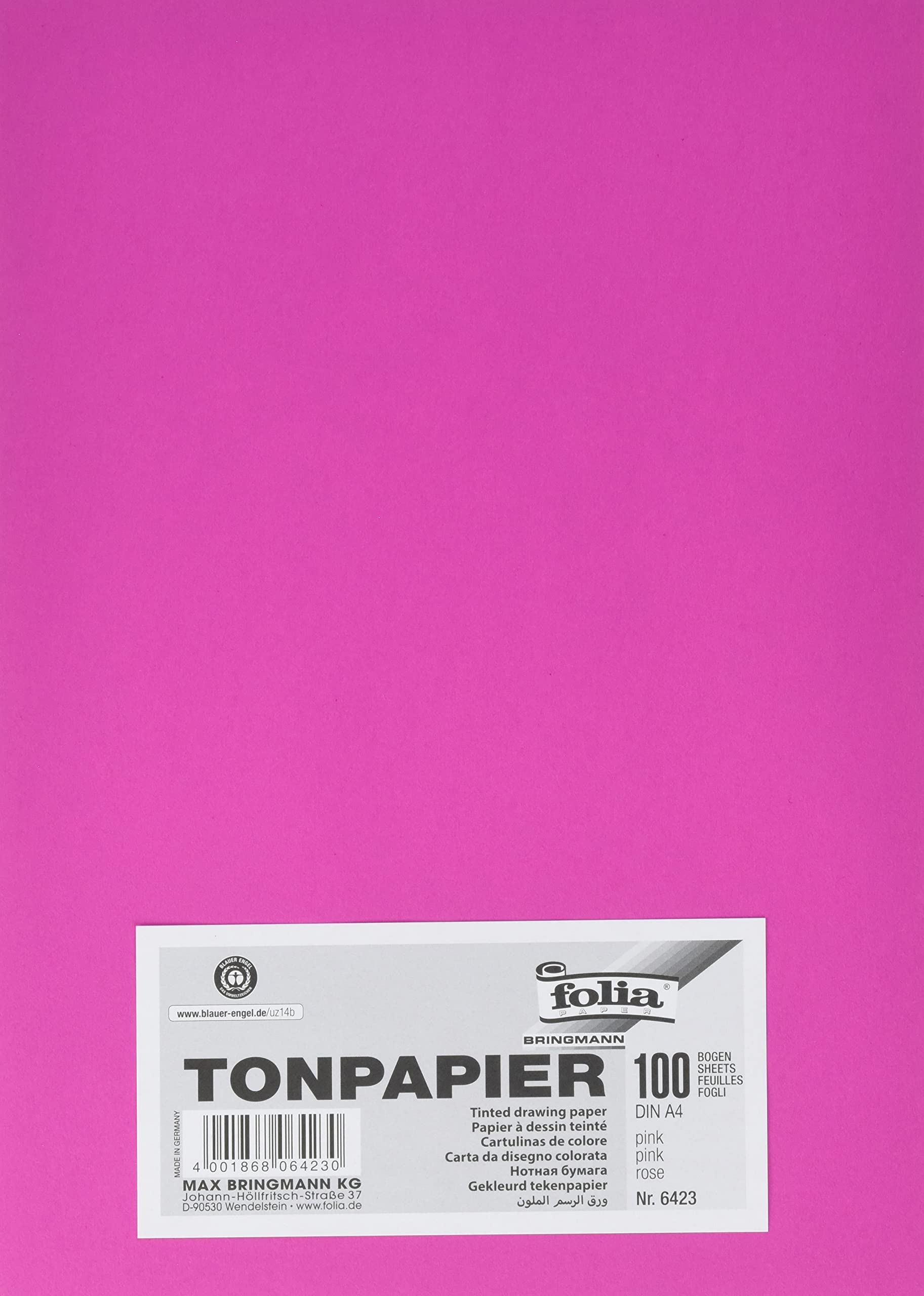 folia 6423 Coloured Paper Pink, DIN A4, 130 g/m², 100 Sheets, for Crafts and Creative Design of Cards, Window Pictures and Scrapbooking