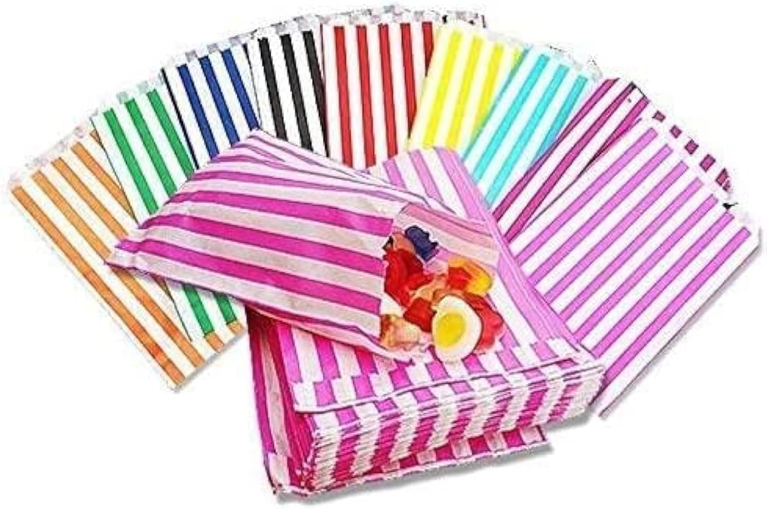 3R 200 Mixed Colours Candy Bags - 20 Each, Disposable, Kraft Paper Construction, Self Seal, All 10 Colours Mixed, Candy Striped Bags