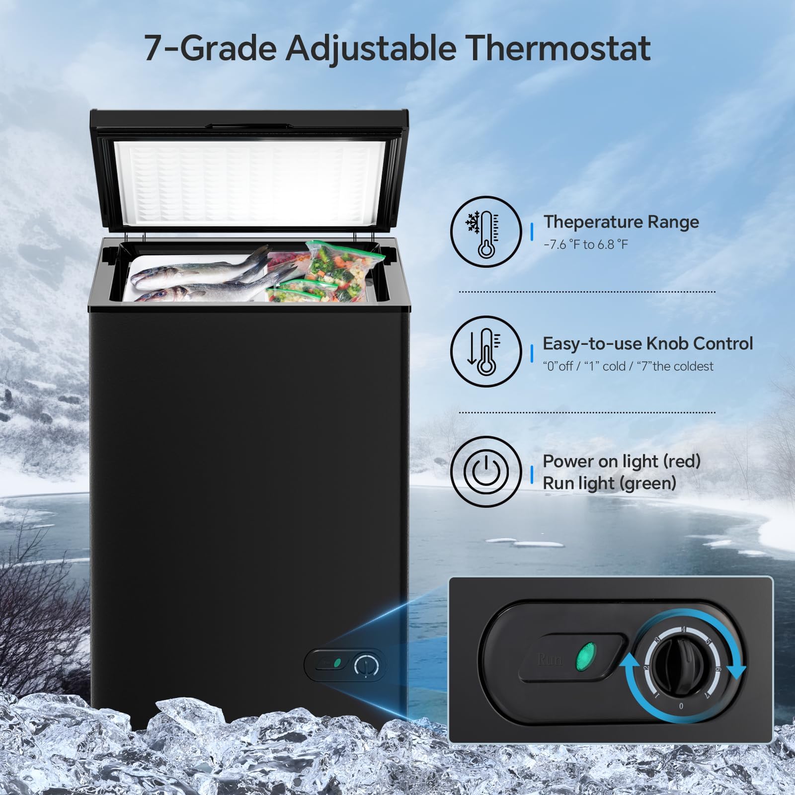 Kismile 3.5 Cubic Feet Chest Freezer with 2 Removable Baskets Free Standing Top Open Door Compact Deep Freezer with Adjustable Temperature for Home/Kitchen/Office/Bar (3.5 Cubic Feet, Black)