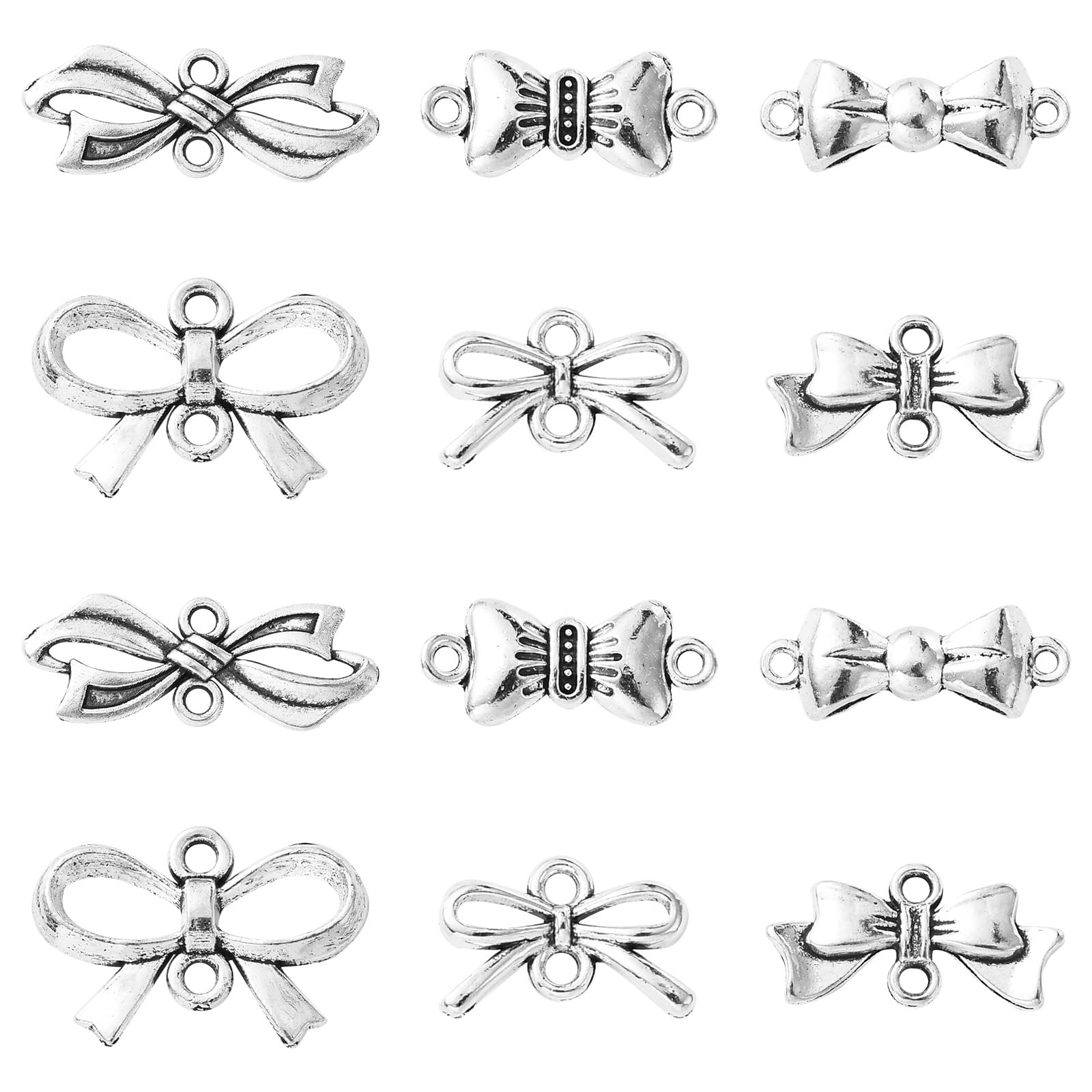Stiesy 60Pcs 6 Styles Bowknot Tibetan Charms Antique Silver Connector Charm Vintage Bowknot Links Charms for Jewellery Making DIY Bracelet Crafting Earrings Necklace Keychain