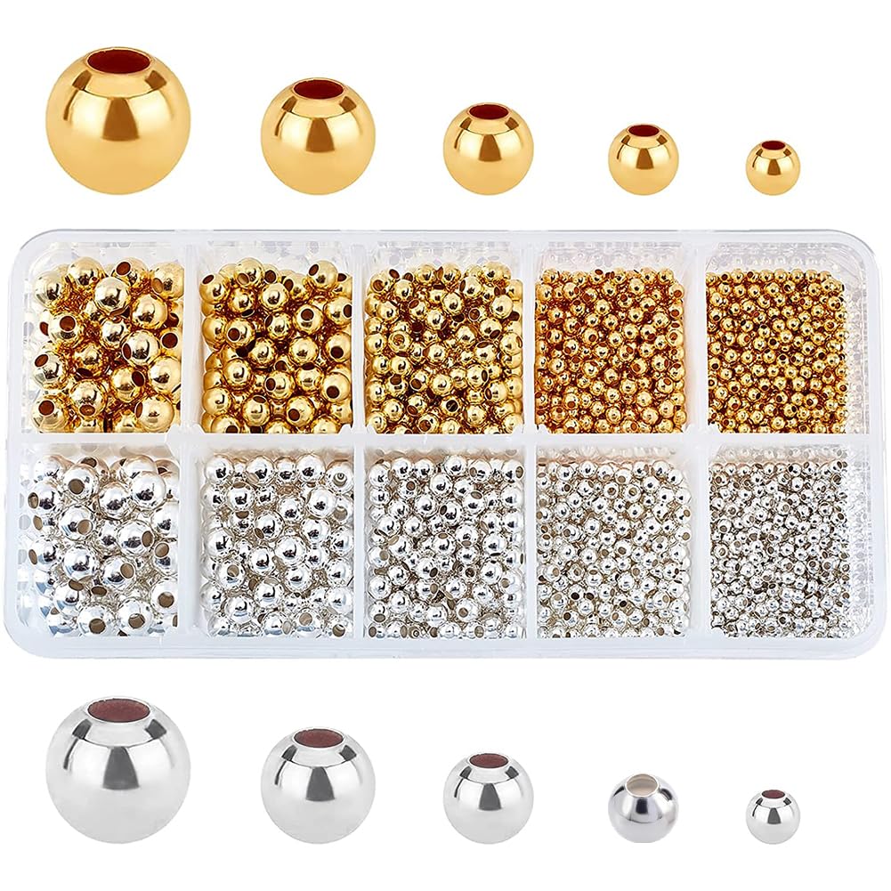 PandaHall Elite 2340pcs Round Brass Spacer Beads with Large Hole for DIY Jewellery Making, 2.4-6mm, Hole: 0.8-2.5mm, Golden/Silver