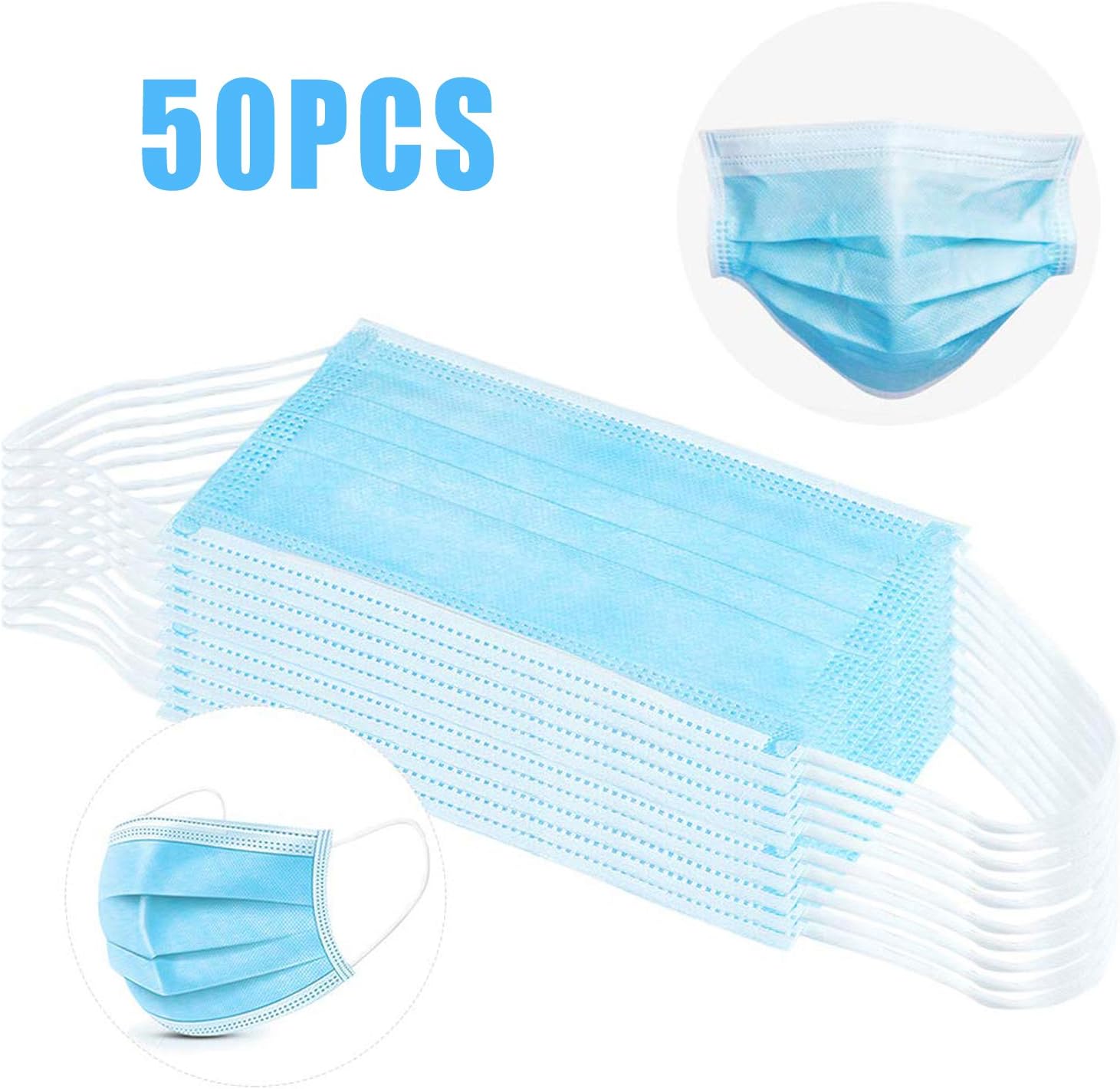 Medical Mask Disposable Face Mask (Blue-50Pcs) Professional 3-Layer Anti Dust Breathable Earloop Mouth Mask, Comfortable Sanitary Surgical Mask for Dust, Protection and Personal Health