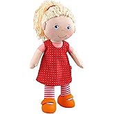 HABA 12" Soft Baby Doll Annelie with Blonde Hair, Embroidered Face, Removable Red Dress and Matching Hairband - Washable Toddler Doll for 18 Months+