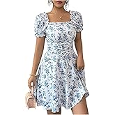 Floerns Women's Floral Puff Sleeve A Line Dress Lace Up Square Neck Summer Mini Dresses