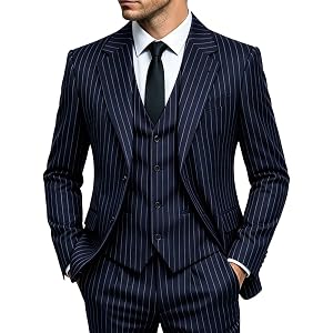 MoranX Classic Men's Suits Slim Fit 3 Piece Pinstripe Tuxedos Business Blazer+Vest+Pants for Wedding
