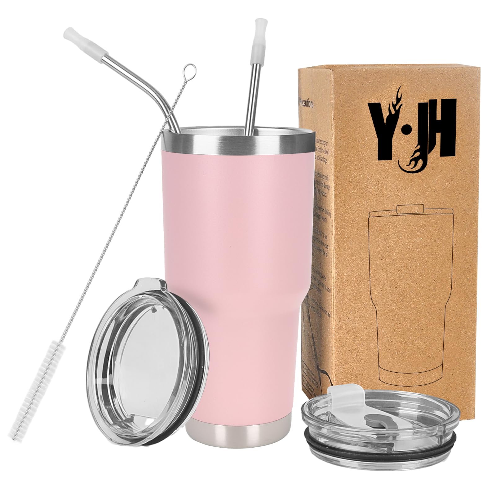 Y·J&H 30oz (850ml) Travel Tumbler Double Wall Vacuum Insulated Coffee Mug Stainless Steel Coffee Cup with 2 Splash Proof Lid, 2 Straws & Free Cleaning Brush, BPA Free - Pink