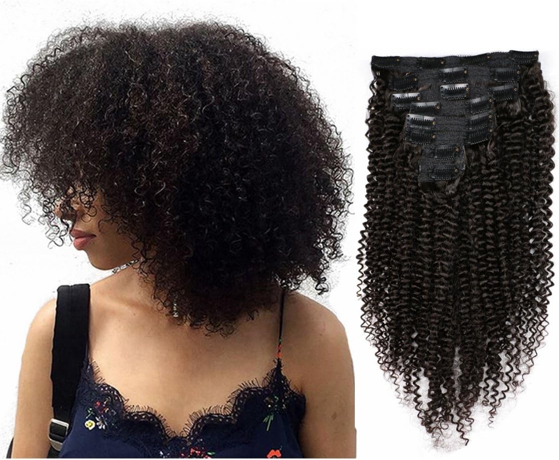MEIEM Clip In Human Hair Extensions Brazilian Virgin African American 4B Kinky Curly Clip in Hair Extensions Natural Color Clip Ins For Black Women 8 Pcs 120g 14INCHES