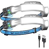 Smiling Shark TS-4 Headlamp, Dual Spotlight with 4X Floodlight & Strobe LED Head Torch Rechargeable 2400mAh Long-Lasting Hands-Free Design for Camping Hiking Running Jogging (2 Pack)