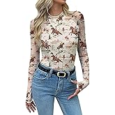 Mesh Long Sleeve Shirts for Women See Through Graphic Tees Sexy Costumes Y2k Mock Christmas Party Outfits Western Rodeo Tops