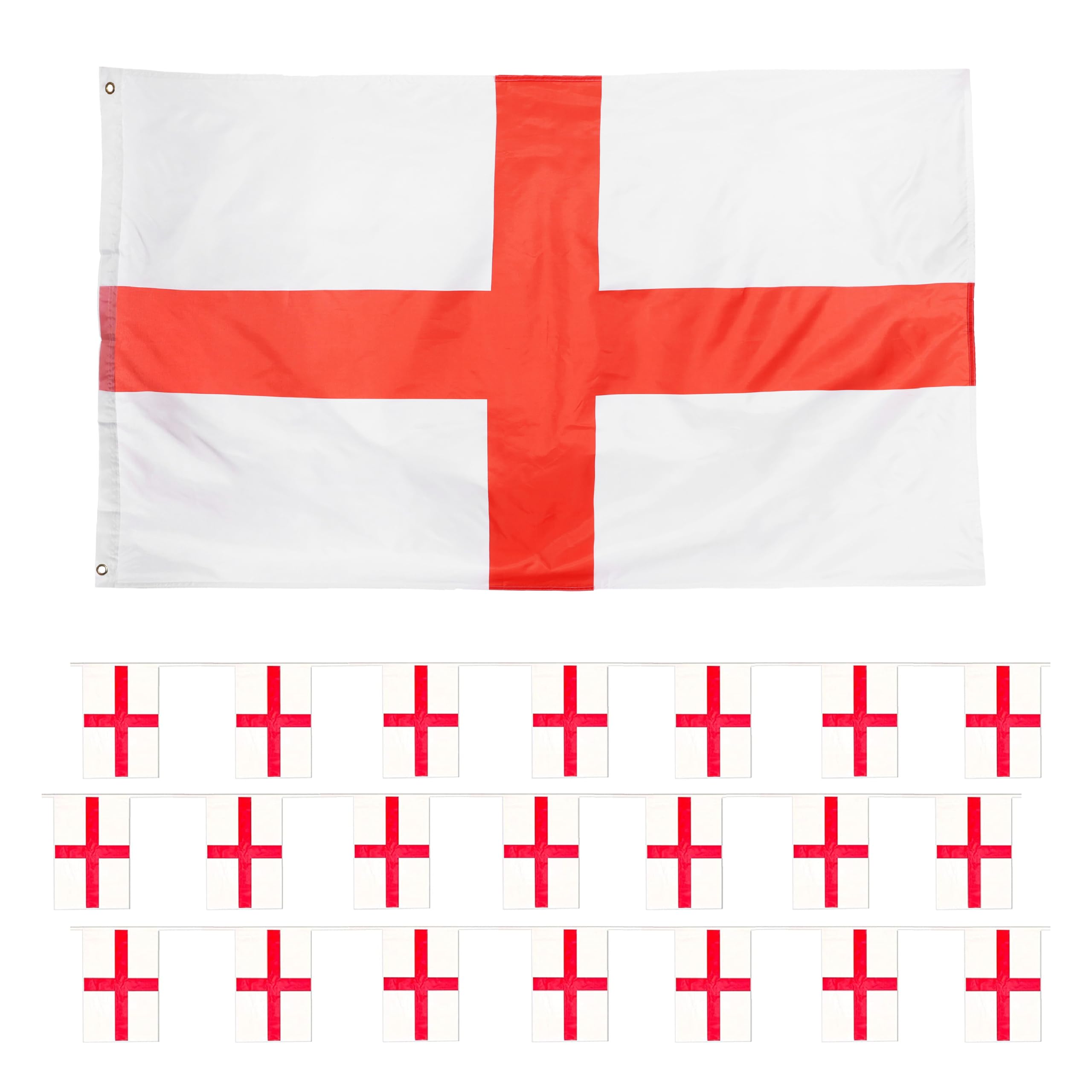 England St George's Cross Flag Bunting and Flag Set - English - All Weather Bunting Approx 30m 100ft - 60 Flag - Large Flag with Grommets Approx 5 Ft x 3 Ft - Football, Rugby - Sporting Events