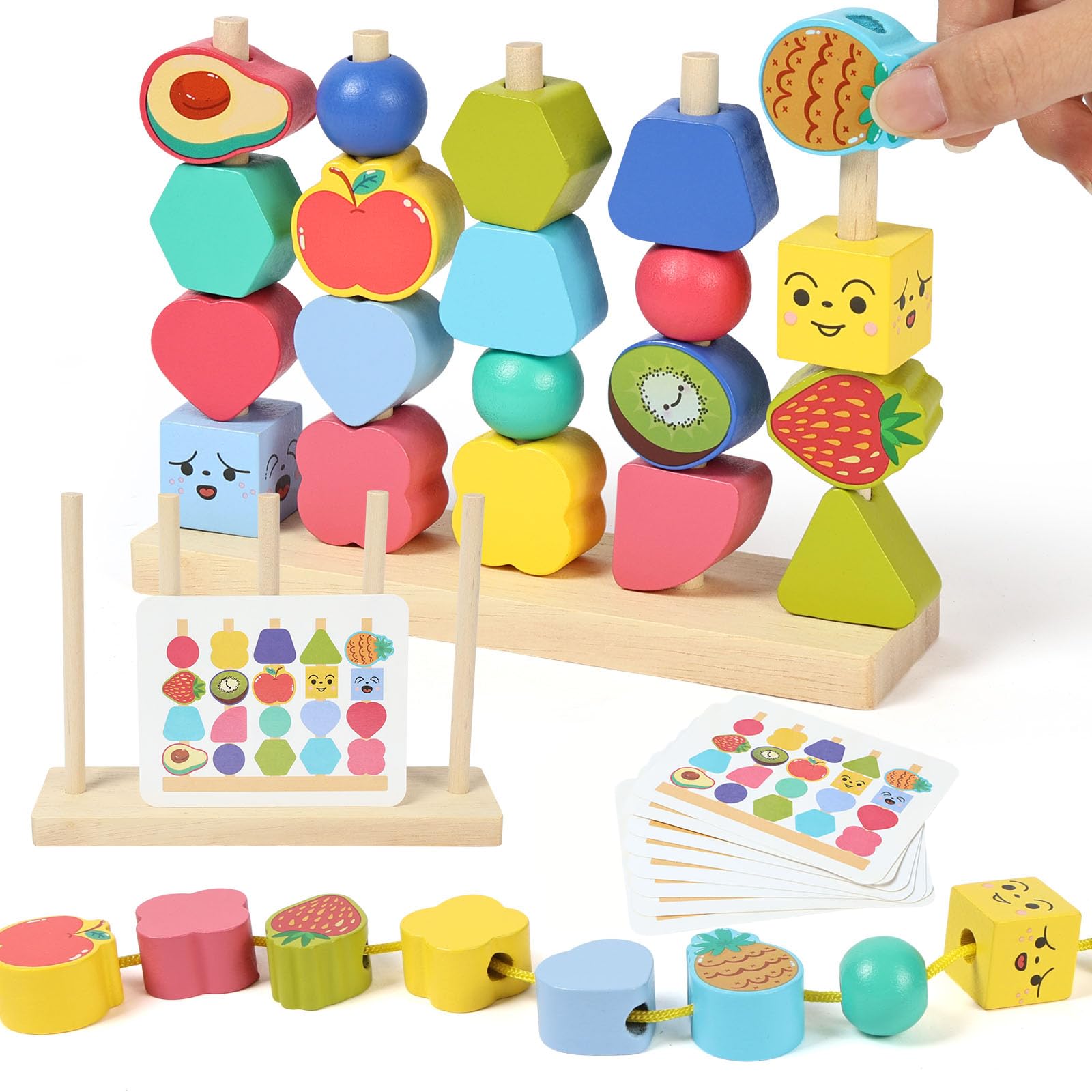 AOOTE Wooden Beads Sequencing Toy Set, Montessori Wooden Toys for Boys and Girls, Stacking Blocks & Lacing Beads & Matching Shapes, Threading Bead Stacking Blocks Toys for Toddlers 3+ Year Old