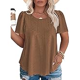 ROSRISS Plus-Size Tops for Women Summer Trendy Eyelet Puff Short Sleeve T Shirts Casual Crewneck Solid Color Tunics XL-5XL