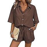 SOLY HUX Women's 2 Piece Summer Outfits Casual Button Down Half Sleeve Shirts and Shorts Set