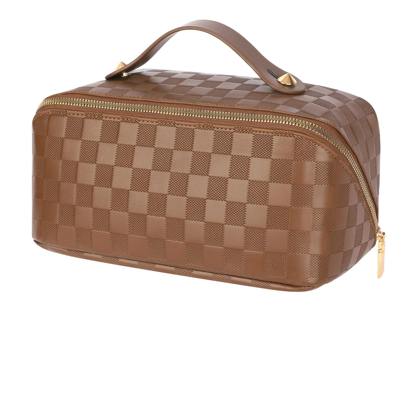 Hurluksi Makeup Bag, PU Travel Cosmetic Bag Large Capacity Cosmetic Case Portable Zipper Toiletry Bag with Dividers and Handle for Women Girls (Brown)