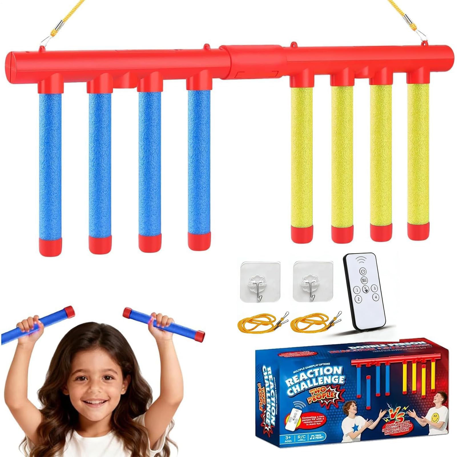 2 Player Catching Sticks Game, Adjustable 3 Speed Reaction Drop Sticks Game,Drop Reaction Games,Hand Speed Challenge Games,Reflex Dr-op Ga-me for Kids Adults Families (Yellow, Blue)