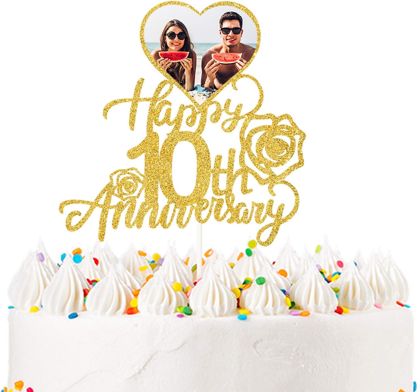 Amazon Com Happy 10th Anniversary Photo Cake Topper For Ten Years Wedding Anniversary Birthday Party Decoration Double Sides Gold Glitter Home Kitchen
