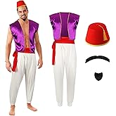 Zhanmai Men's Arabian Prince Costume Set Purple Vest Harem Pants Red Fez Felt Hat Sash Beard for Cosplay Party(XX-Large)